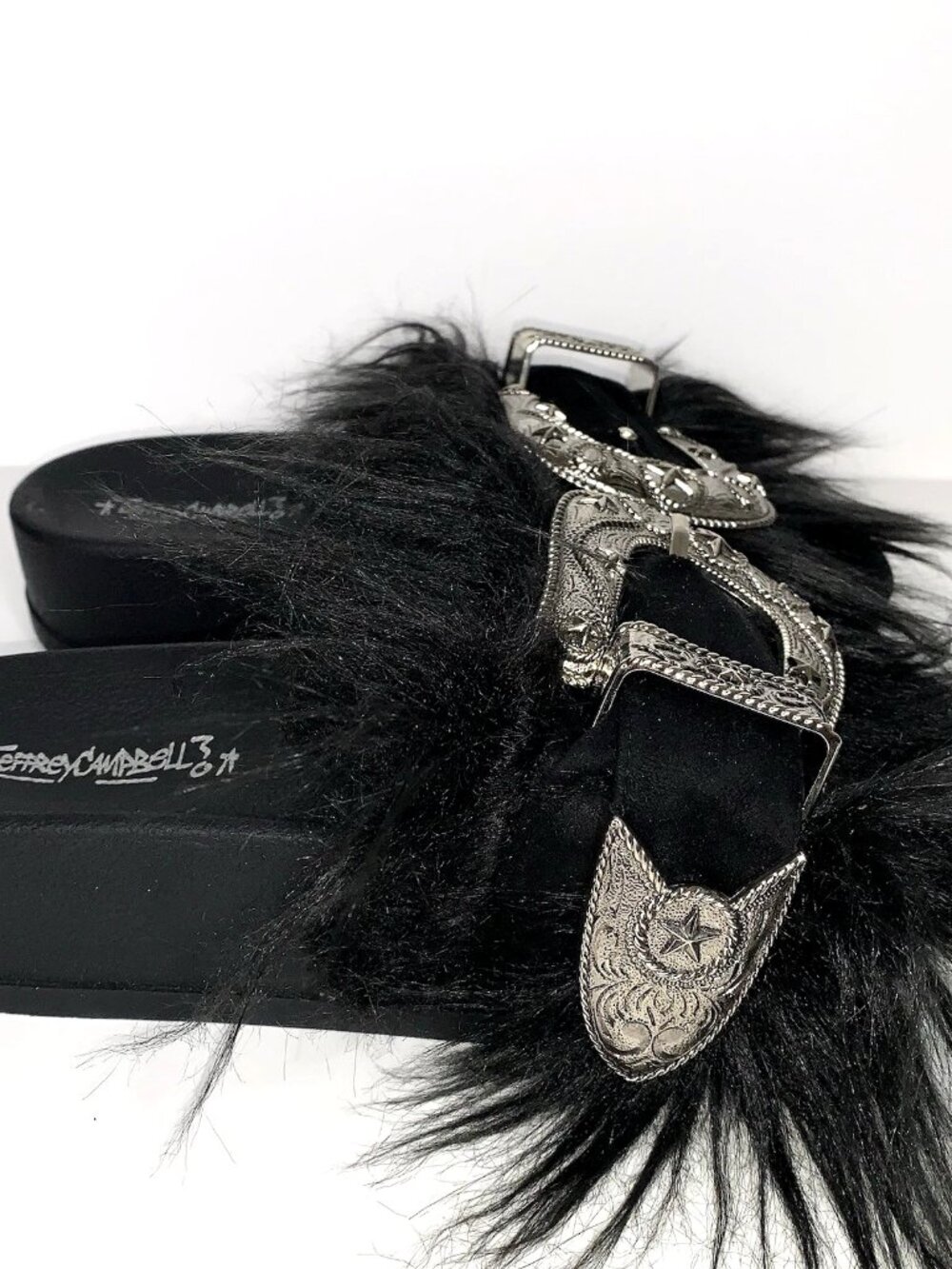 JEFFREY CAMPBELL Black Fur WESTERN BELT BUCKLE Platform SLIDES 9 Whimsygoth Y2K - Picture 4 of 8